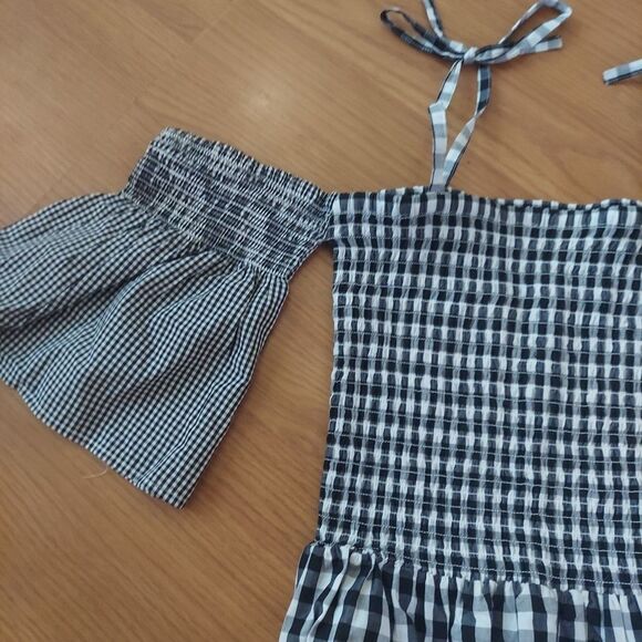 Black White Gingham Smocked Tie Strap Off Shoulder Mini Dress (Estimated) Small - Picture 3 of 9